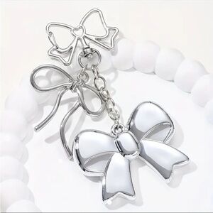 Silver Bow Dangle Earrings Double Ribbon Statement Coquette Chic NWT